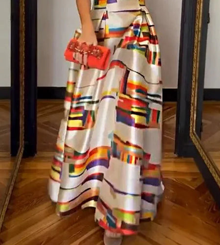 Elegant Printed O-Neck Evening Dress Sexy Hollow Sleeveless Waist Tank Dress New Casual Pleated Long Dress