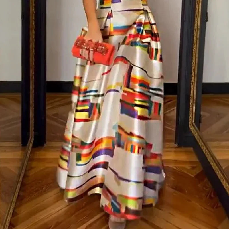 Elegant Printed O-Neck Evening Dress Sexy Hollow Sleeveless Waist Tank Dress New Casual Pleated Long Dress