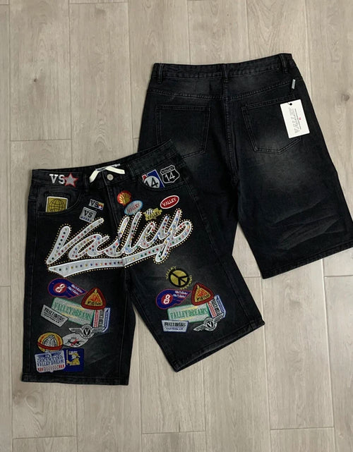 Load image into Gallery viewer, 2026 American VALLEY Embroidery Rhinestone Logo Patch Label Denim Shorts Men High Quality Loose Straight Short Jeans
