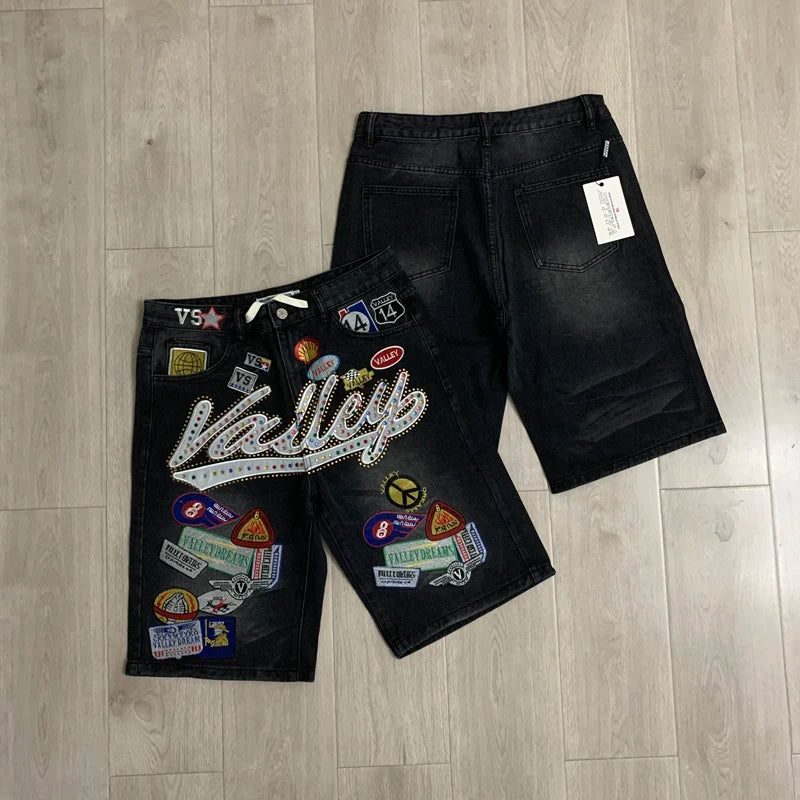 2026 American VALLEY Embroidery Rhinestone Logo Patch Label Denim Shorts Men High Quality Loose Straight Short Jeans