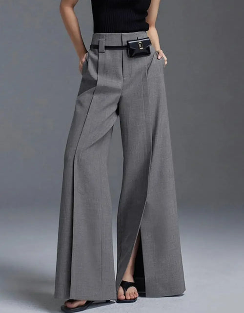 Load image into Gallery viewer, Urban Female Suit Pants Fashion Black White Color Loose Straight Pant High-Waisted Pleated Split-Front Trousers
