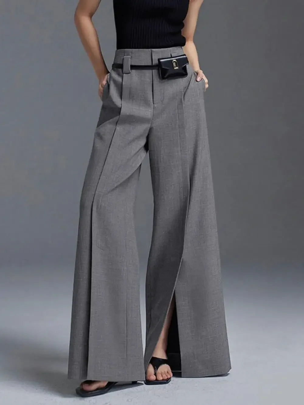 Urban Female Suit Pants Fashion Black White Color Loose Straight Pant High-Waisted Pleated Split-Front Trousers