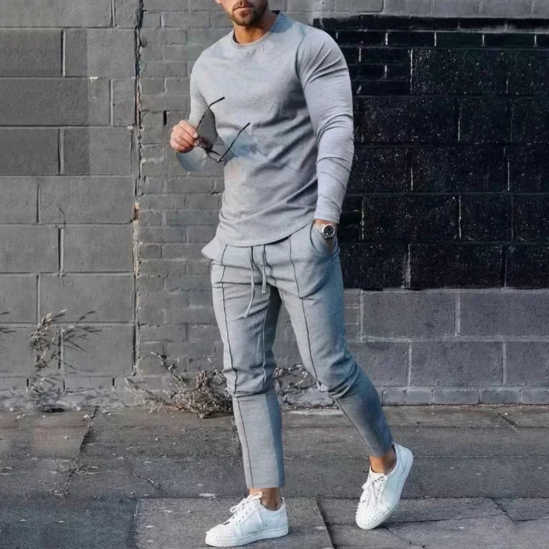 2025 Spring New Men's Casual Sport Two-pieces Fashion Solid Long Sleeve O-neck T-shirt and Sweatpants Suits Men Tracksuit Outfit