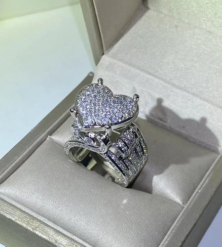 New 925 Silver Exquisite Big Heart Ring 5A CZ Micro Pave Cubic Zirconia Ring Fully Iced Out Bling  Women Jewelry