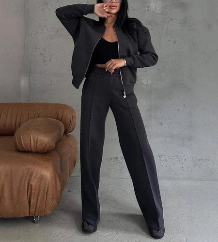 Fashion Jacket Pant Women 2 Pieces Set Casual Long Sleeve Zipper Solid Sweatshirt Trousers Suit