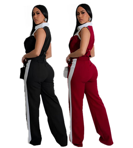 Spring Summer Fashion Color Contrasting Two Piece Set Women Short Sleeve Shirt Top Straight Long Pants Elegant 2 Piece Set Women