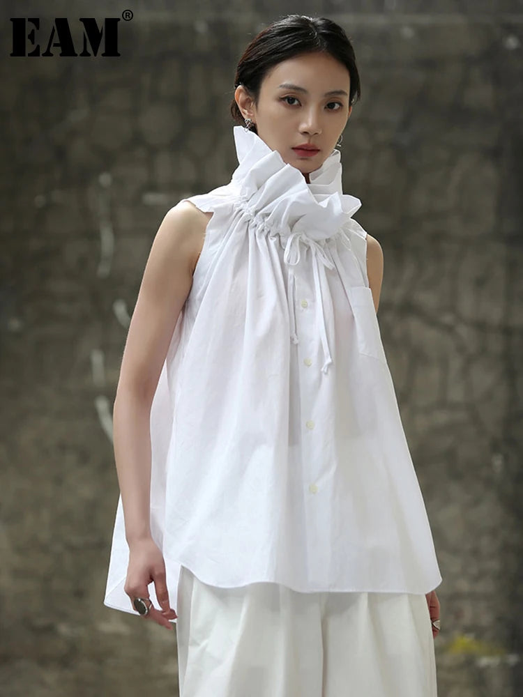 Women White Ruffles Big Size Blouse New Stand Collar Sleeveless Loose Fit Shirt Spring Summer 2025