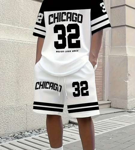 Summer Men's Chicago-Themed Relaxed Set Size 32 Printed T-Shirt and Shorts Set Sizes S-6XL