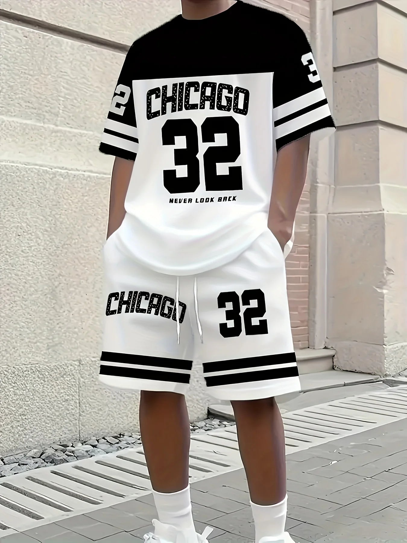 Summer Men's Chicago-Themed Relaxed Set Size 32 Printed T-Shirt and Shorts Set Sizes S-6XL