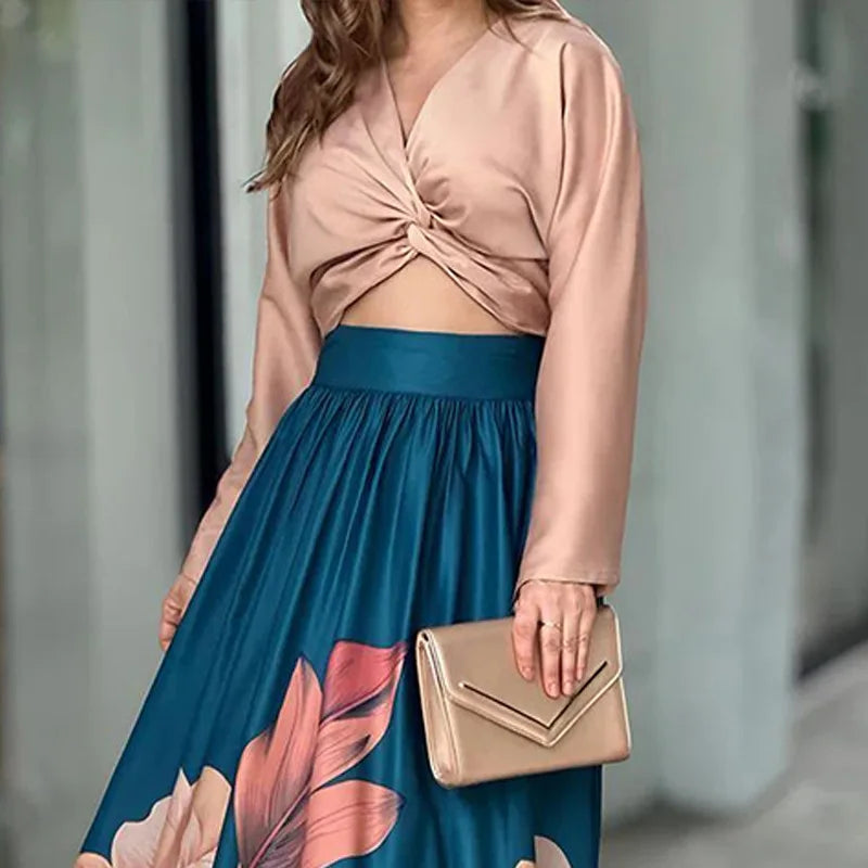 Women Long-Sleeved Flower Print Shirt + Long Elegant Dress combo Lady Two-Piece Leisure Set