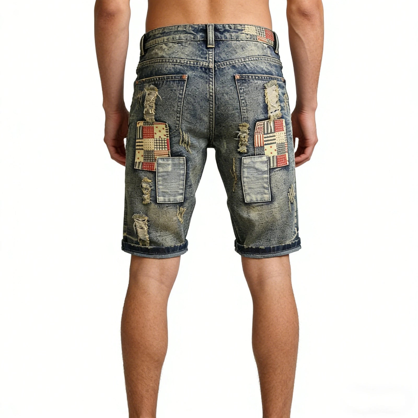 2026 New style Men's summer casual fashion vintage washed denim shorts trendy ripped patchwork vintage style