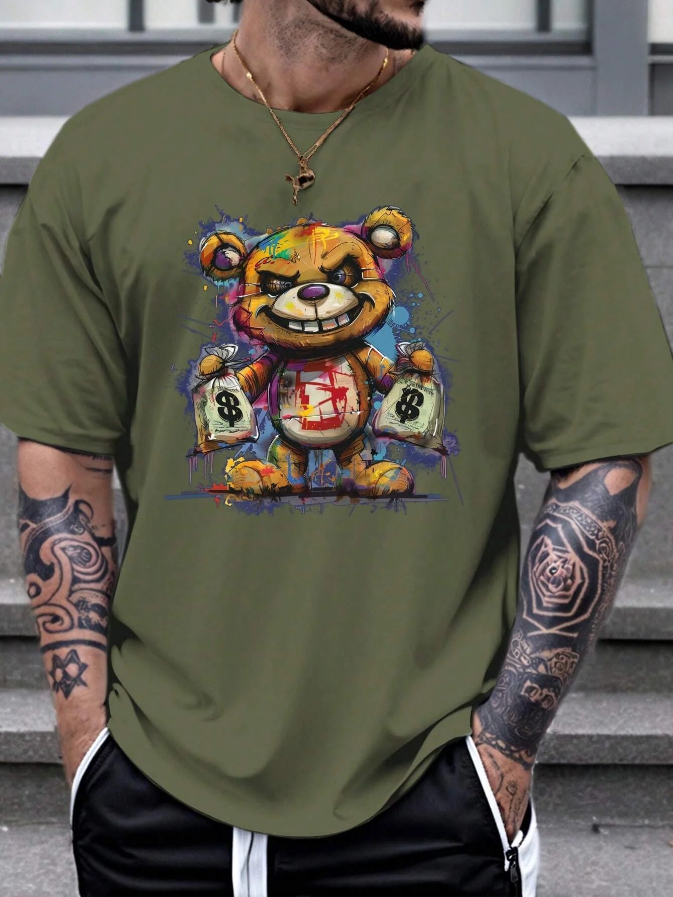 Men's 100% cotton summer loose size Cartoon Bear Pattern printed