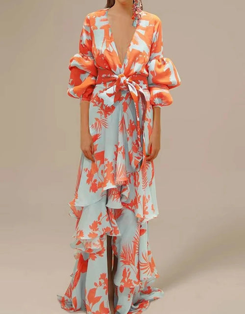 Load image into Gallery viewer, Women Retro Print Ruffle Party Dress Elegant Deep V-neck Lantern Sleeve Long Dress Fashion Tie-up Waist Irregular Bohemian Dress
