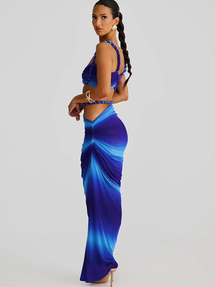 Woven Sexy Women 2 Piece Set Stunning Hot Solid Pleated Crop Camisoles High Waist Maxi Skirt