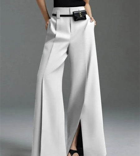 Urban Female Suit Pants Fashion Black White Color Loose Straight Pant High-Waisted Pleated Split-Front Trousers