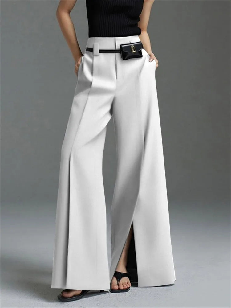 Urban Female Suit Pants Fashion Black White Color Loose Straight Pant High-Waisted Pleated Split-Front Trousers