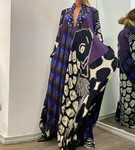 Elegant Bo Ho Pattern Print Women Maxi Dress  V Neck, Long Dress with Long Sleeves and Pockets