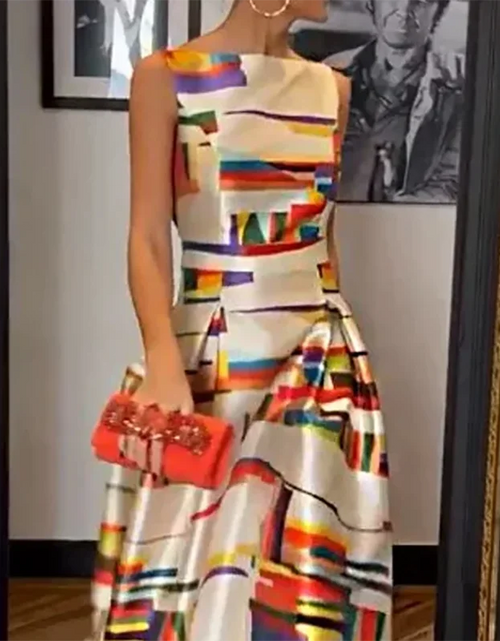Load image into Gallery viewer, Elegant Printed O-Neck Evening Dress Sexy Hollow Sleeveless Waist Tank Dress New Casual Pleated Long Dress
