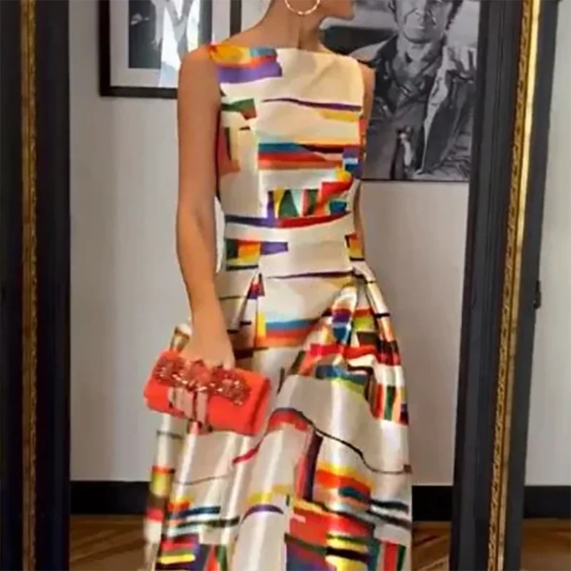 Elegant Printed O-Neck Evening Dress Sexy Hollow Sleeveless Waist Tank Dress New Casual Pleated Long Dress