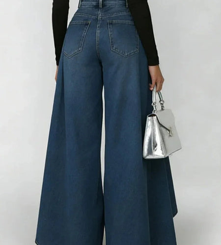 New Women's High Waist Casual Wide Leg Jeans Overlay Flare Denim Pants with Pockets Fashionable Baggy Jeans