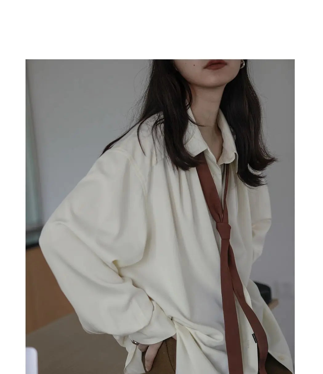 2025 Spring Long Sleeve Button Up Shirt Solid Tie Oversize Shirts Blouse