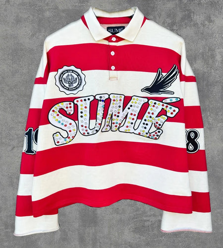 2 Pcs Shirts Sume Rugby Diamond Embroidery Stripe Polo Shirt Y2K Retro Classic Unisex Oversized Long Sleeved Shirt Short Sets