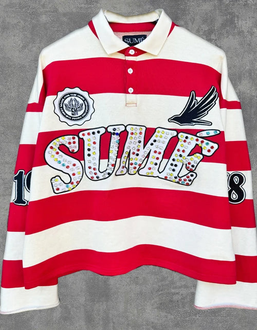 Load image into Gallery viewer, 2 Pcs Shirts Sume Rugby Diamond Embroidery Stripe Polo Shirt Y2K Retro Classic Unisex Oversized Long Sleeved Shirt Short Sets

