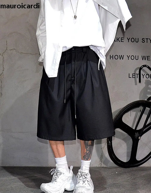 Load image into Gallery viewer, Baggy Casual Black Wide Leg Shorts for Men Elastic Waist Drawstring Loose Fitting
