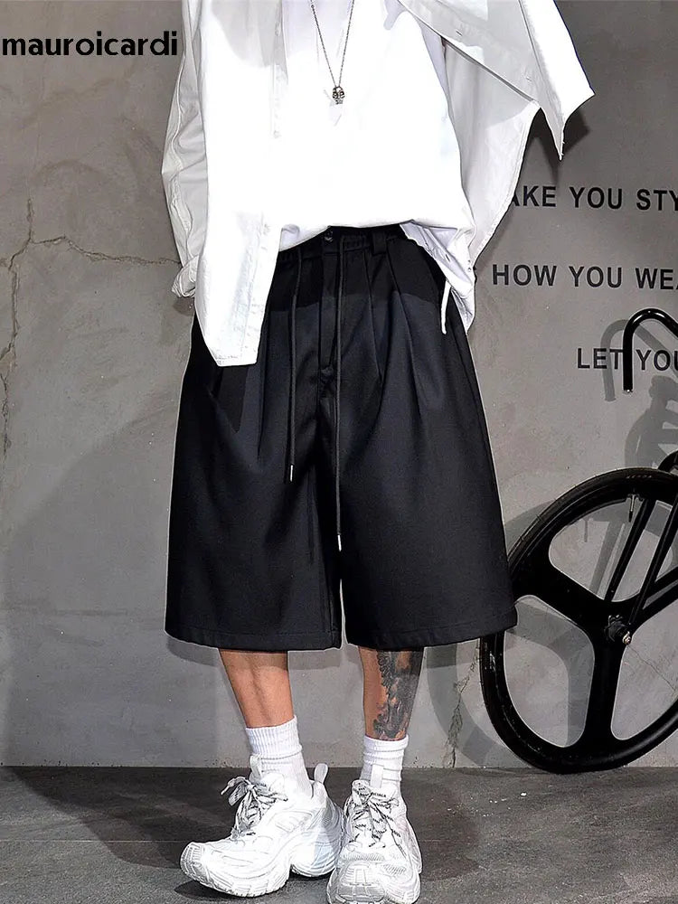 Baggy Casual Black Wide Leg Shorts for Men Elastic Waist Drawstring Loose Fitting