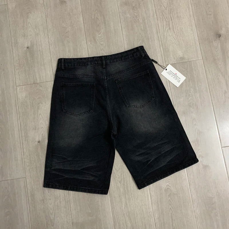2026 American VALLEY Embroidery Rhinestone Logo Patch Label Denim Shorts Men High Quality Loose Straight Short Jeans