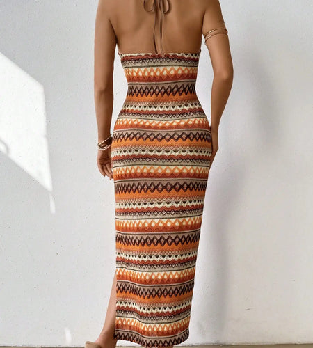 Stylish and elegant women's dress halterneck sleeveless diamond check full body printed halter knit sexy women's dress