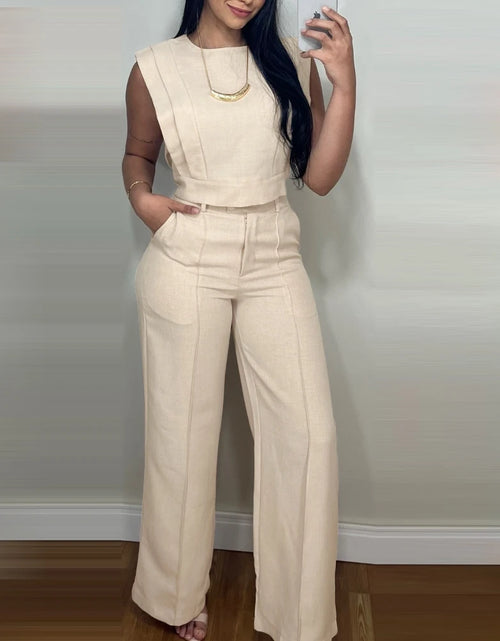 Load image into Gallery viewer, 2025 Spring 2 Pieces Round Neck Cap Sleeve Crop Top and Casual Pocket Design Straight Pants Set
