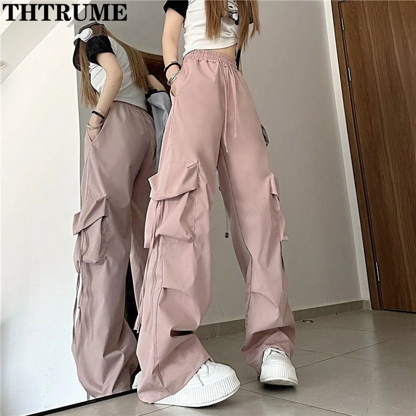 Retro Vintage High Street Baggy Pants Fashion Women Oversized Drawstring Pocket