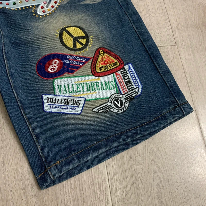 2026 American VALLEY Embroidery Rhinestone Logo Patch Label Denim Shorts Men High Quality Loose Straight Short Jeans