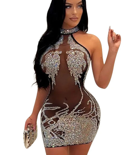 Sexy Mesh Rhinestone Short Mini Dress  Diamond Bodycon Dresses