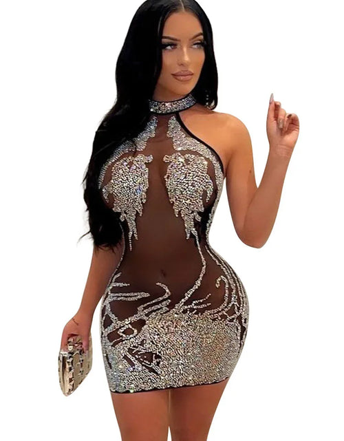 Load image into Gallery viewer, Sexy Mesh Rhinestone Short Mini Dress  Diamond Bodycon Dresses
