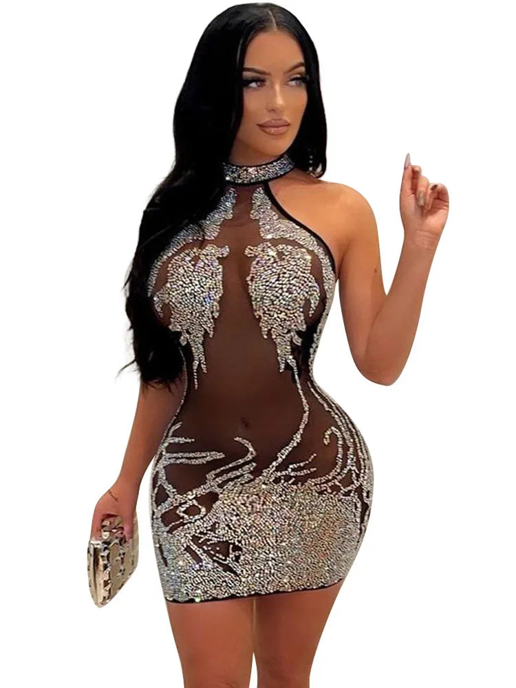 Sexy Mesh Rhinestone Short Mini Dress  Diamond Bodycon Dresses