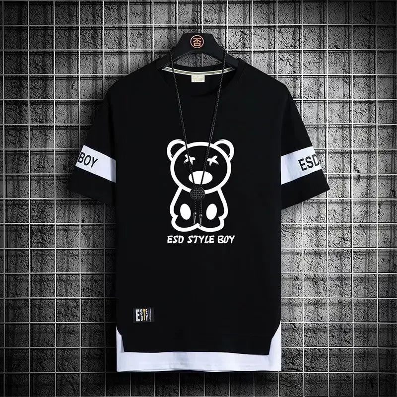 Men's Oversize T-Shirt Short Sleeve Korean Style Streetwear Harajuku Print Casual O-Neck Polyester Top for Spring And Summer