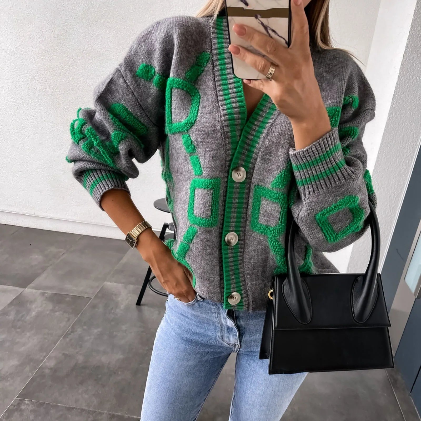 Vintage Women Knitted Cardigan Long Sleeve V Neck Single Breasted Casual   Loose Outwears Sweater