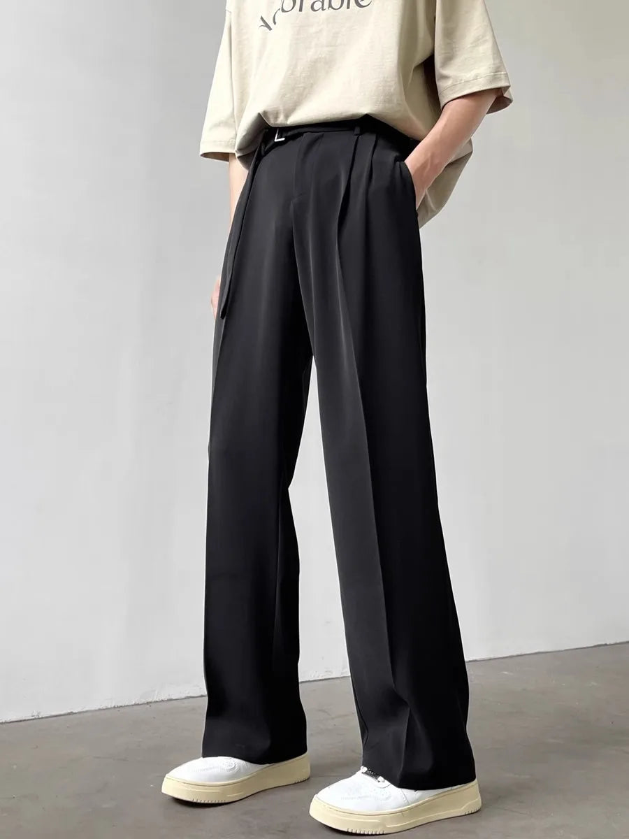 Retro High-end Belt Design Straight-down Trousers Men's Trendy Brand Loose Wide-leg Casual Pants