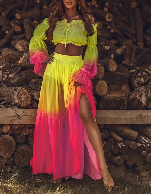 Load image into Gallery viewer, Vibrant Colors Chic Sexy Off Shoulder Ruffle Blouse and Slit Long Skirt for Women
