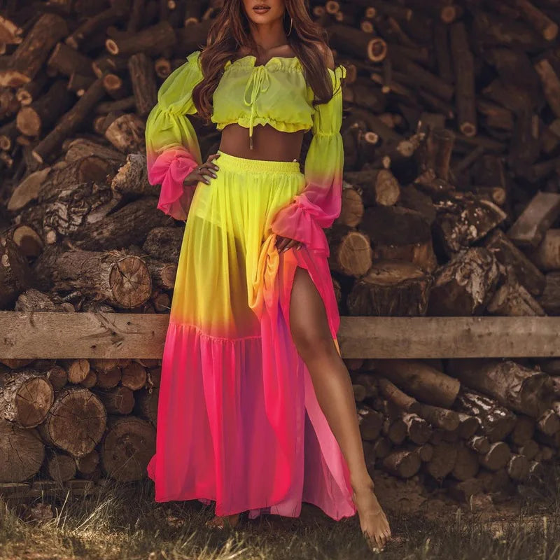 Vibrant Colors Chic Sexy Off Shoulder Ruffle Blouse and Slit Long Skirt for Women