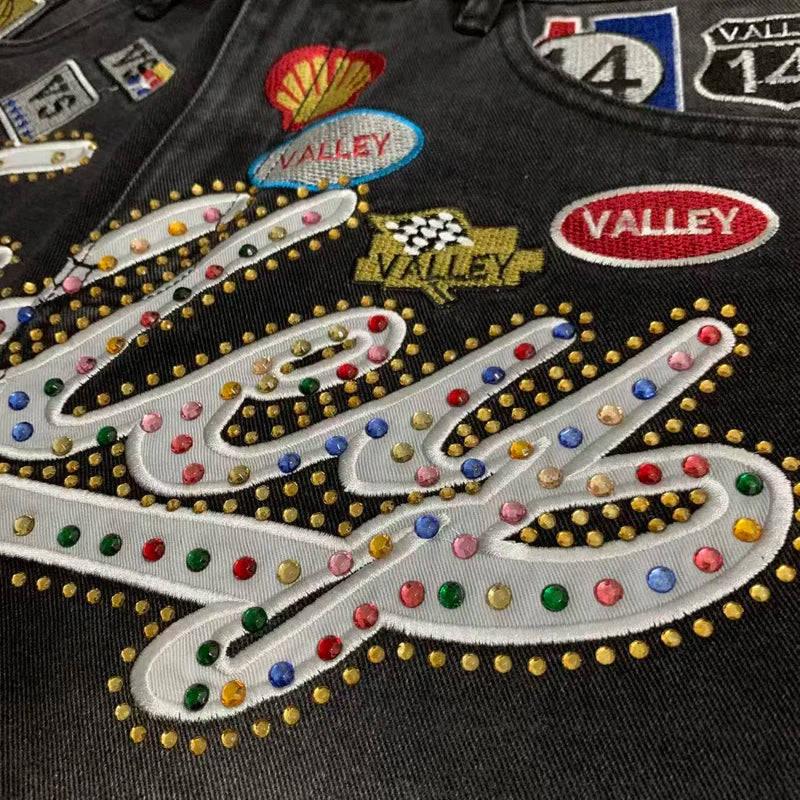 2026 American VALLEY Embroidery Rhinestone Logo Patch Label Denim Shorts Men High Quality Loose Straight Short Jeans
