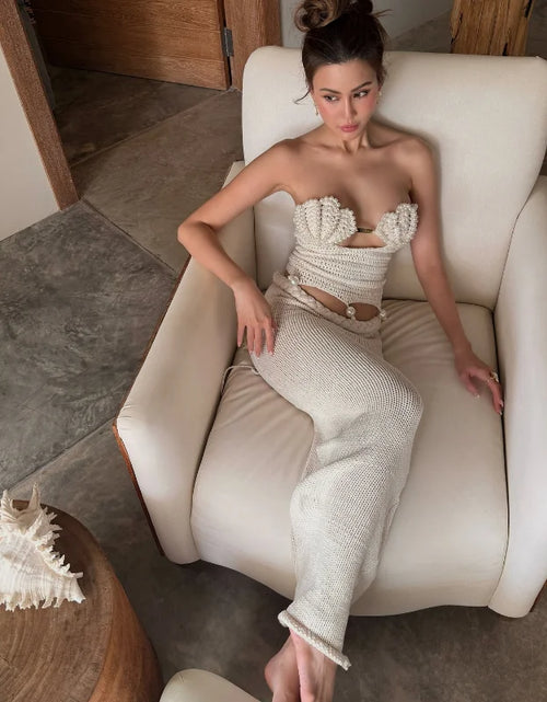 Load image into Gallery viewer, Crochet Knitted Pearl Bra Skirt Set ,Backless Hollow Out Short Top Twists Long Skirt
