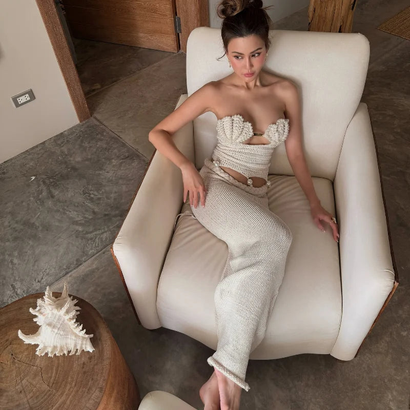 Crochet Knitted Pearl Bra Skirt Set ,Backless Hollow Out Short Top Twists Long Skirt