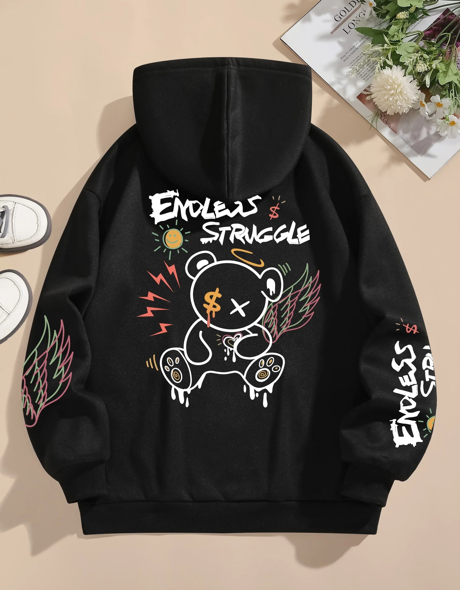Men's sweatshirts endless struggle graffiti bear printed hoodie loose pullover sweatshirt casual
