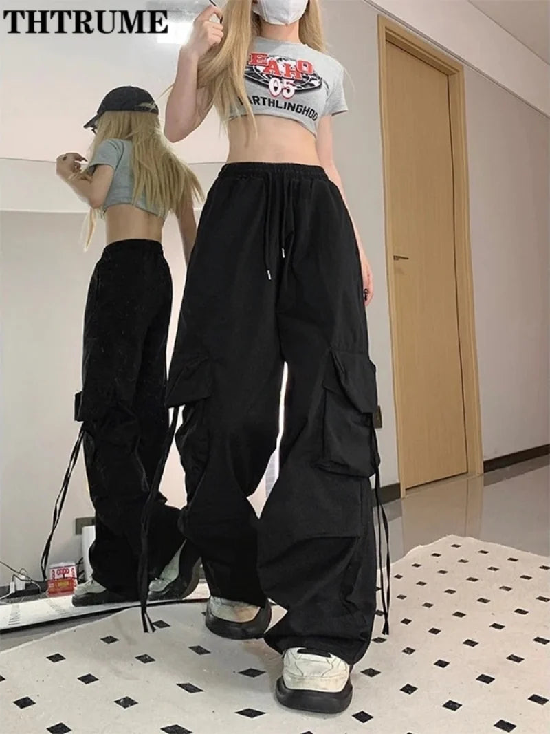 Retro Vintage High Street Baggy Pants Fashion Women Oversized Drawstring Pocket