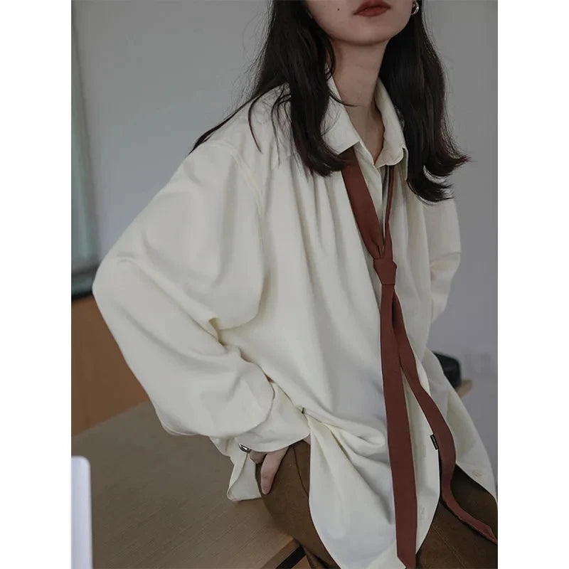 2025 Spring Long Sleeve Button Up Shirt Solid Tie Oversize Shirts Blouse