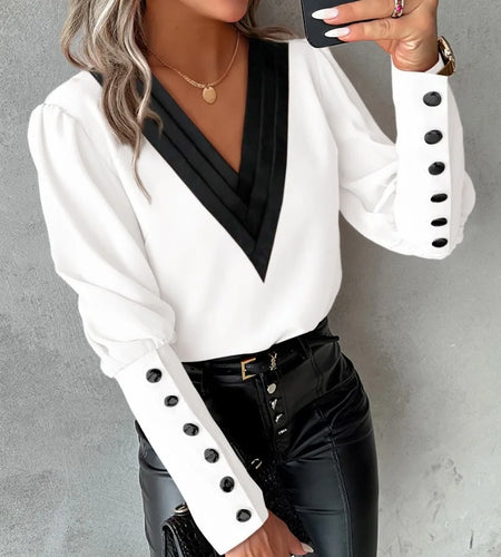 Elegant Women's V-neck Pullover Shirt Solid Color Contrasting Loose Long Sleeve Button