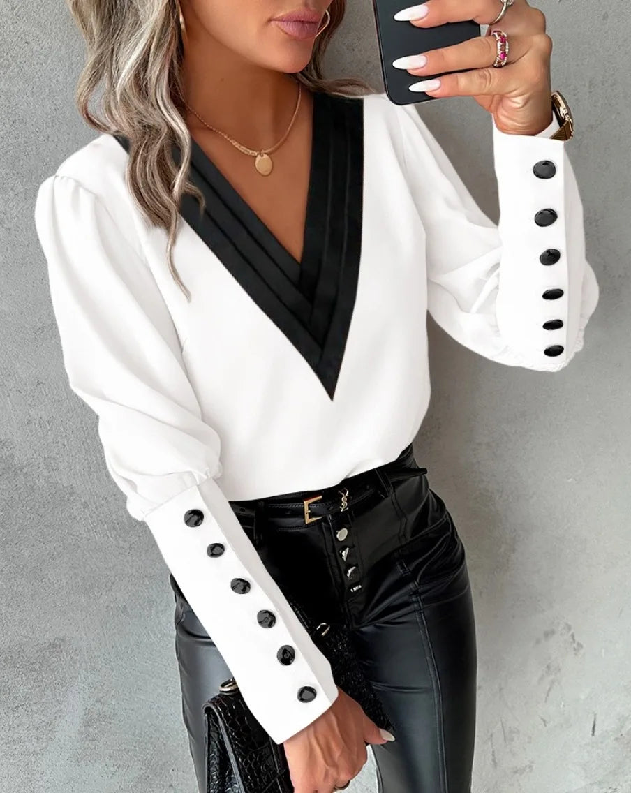 Elegant Women's V-neck Pullover Shirt Solid Color Contrasting Loose Long Sleeve Button